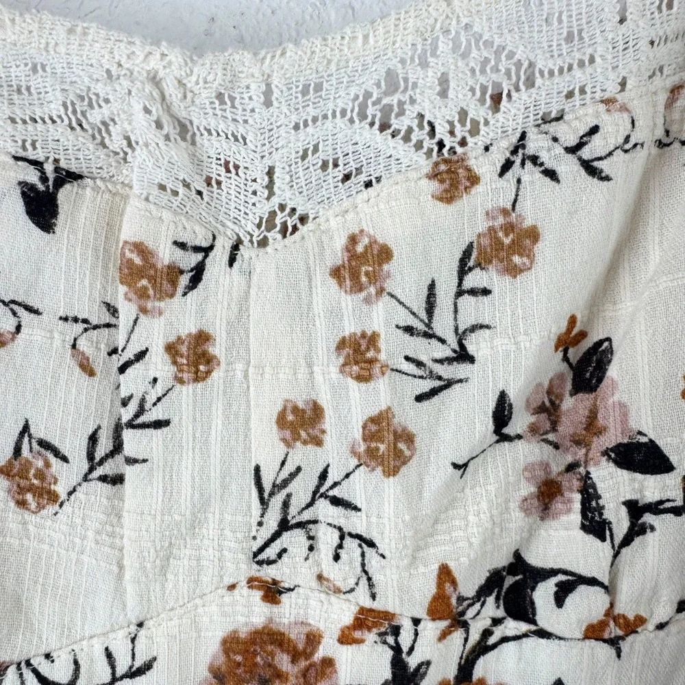 Free People Floral Lace Trim Puff Sleeve Midi Dress Cream Boho Womens Medium